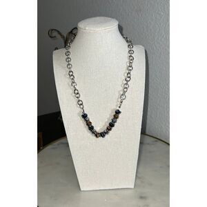 Glass bead Necklace contemporary silver tone blue gray bronze 9” EUC